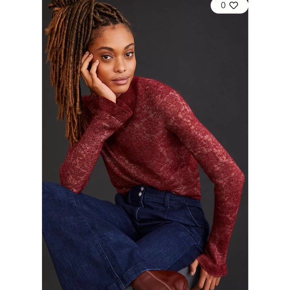 Anthropologie Sweaters - Anthropologie Hanna Lace Mock Neck Sweater Red Sz M
